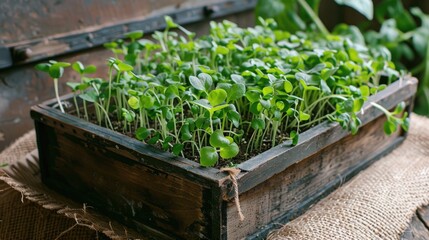 Obraz premium Planting Microgreens Tray of Arugula Seeds on Jute Mat