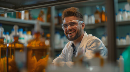 Happy young man wearing lab coat and protective goggles working in a pharmaceutical factory - Powered by Adobe