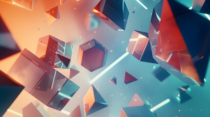 an immersive 4K scene featuring an intricate arrangement of geometric shapes suspended in a void of...