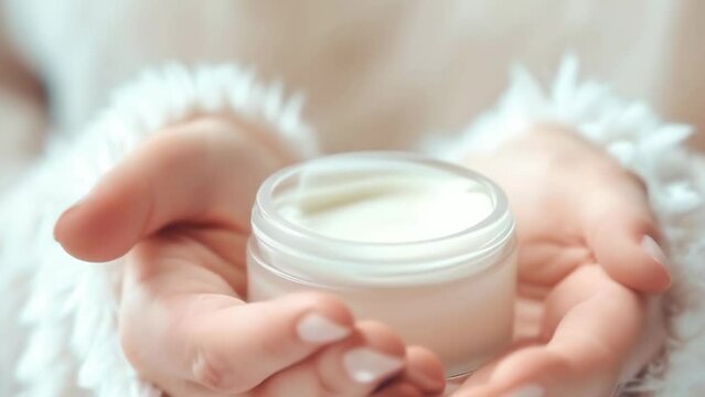 A person's hands delicately interacting with a jar of premium skincare cream, depicting daily beauty rituals. Hand skin care and moisturizing. Cosmetic products. Banner. Copy space
