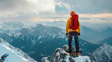 a mountain climber standing on a snowy mountain peak enjoying nature