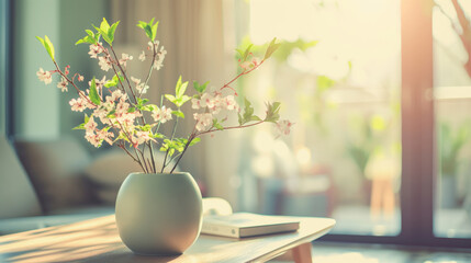 A light-colored ceramic vase with blossoming flowers and green leaves sits on a wooden table in a room with large windows letting in soft sunlight, and a closed book beside the vase. - Powered by Adobe