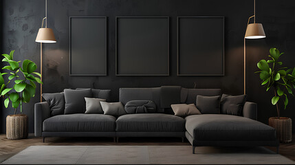 Living room with 3 three accent canvas square painting picture. Frames for art on a black wall. Gallery in dark colors with a gray sofa or couch. Rich exhibition mockup layout triptych