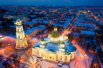 Winter view from a drone in the evening at the Spassky Cathedral in Penza, Russia.