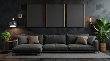 Living room with 3 three accent canvas square painting picture. Frames for art on a black wall. Gallery in dark colors with a gray sofa or couch. Rich exhibition mockup layout triptych