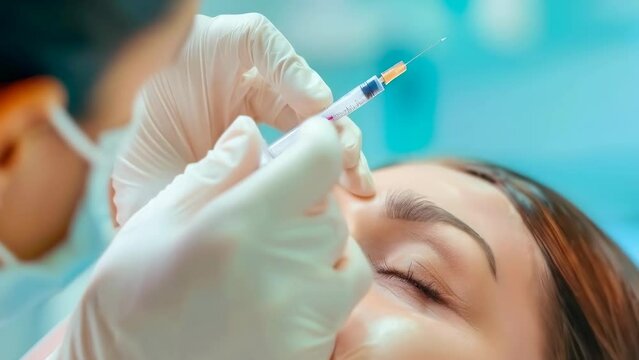 Aesthetician administering a precise anti-wrinkle injection on the forehead of a patient, a common cosmetic treatment for youthful skin