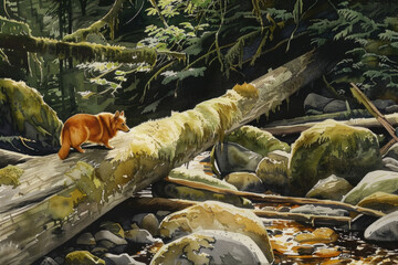 A painting depicting a bear confidently walking on a log over a flowing stream in a forest setting