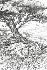 A drawing of a lion lounging in the grass under a tree, surrounded by the natural landscape