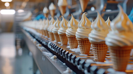 Ice cream dairy factory  conveyor belt with icecream cones at modern food processing factory, Manufacturing, dairy industry