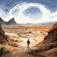 Naklejka premium Watercolor Man standing around a huge black hole in a desert, clipart Illustration, Generative Ai
