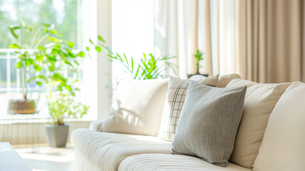 A modern living room features a white sofa with comfortable cushions. Potted plants are strategically placed to create a serene and refreshing atmosphere, with sunlight streaming through the windows.
