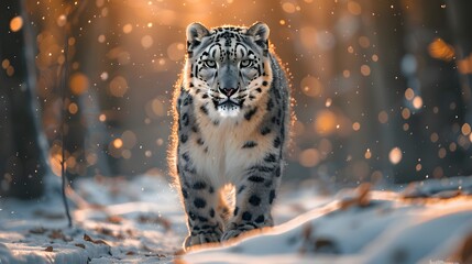 A snow leopard in the snow walking in the front of the camera 8k wallpaper   - Powered by Adobe