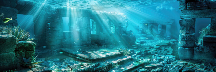 A sunken building lies beneath the water, covered in algae and surrounded by marine life. Sunlight filters through the murky depths, highlighting the decaying structure