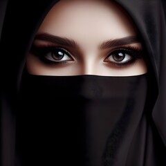 Naklejka premium Close-Up Portrait of a Woman in a Black Niqab With Piercing Eyes Against a Dark Background