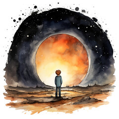 Watercolor Man standing around a huge black hole in a desert, clipart Illustration, Generative Ai