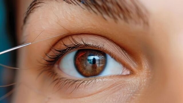 Close-up of a woman's brown eye. Eyelid lift procedure. Surgery to improve vision. Cosmetic treatments for the skin of the face and eyelids. Facelift. Plastic surgeries