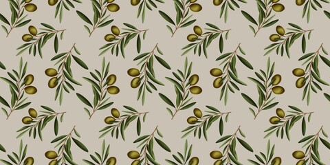 Olive branch with leaves and olives summer spring seamless repeating pattern, green fresh minimalistic floral design element isolated background floral line contour high quality beige pastel kitchen