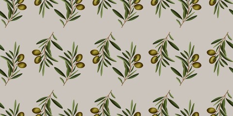 Naklejka premium Olive branch with leaves an olives summer spring seamless repeating pattern, green fresh minimalistic floral design element, floral line contour high quality illustration
