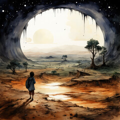 Watercolor Man standing around a huge black hole in a desert, clipart Illustration, Generative Ai