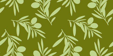 Olive branch with leaves and olives summer spring seamless repeating pattern, green fresh minimalistic floral design element isolated background floral line contour high quality pastel kitchen