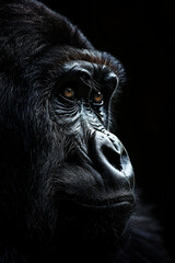 Obraz premium photo of an Mountain Gorilla, black background fur and features, expression and character. 