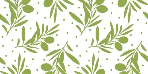 Olive branch with leaves and olives summer spring seamless repeating pattern, green fresh minimalistic floral design element isolated white background floral line contour high quality surface fabric