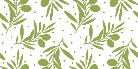 Olive branch with leaves and olives summer spring seamless repeating pattern, green fresh minimalistic floral design element isolated white background floral line contour high quality surface fabric