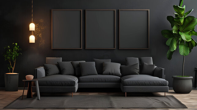 Living room with 3 three accent canvas square painting picture. Frames for art on a black wall. Gallery in dark colors with a gray sofa or couch. Rich exhibition mockup layout triptych