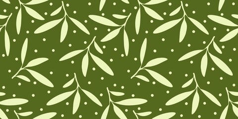 Mistletoe branch with leaves olive summer spring winter seamless repeating pattern green fresh minimalistic floral design element isolated white background floral line contour high quality surface