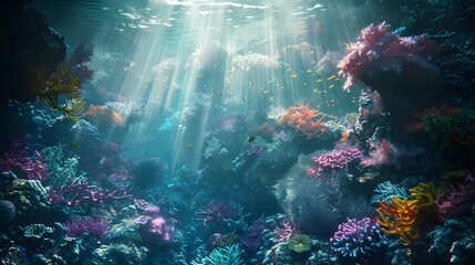 Fototapeta na wymiar A surreal underwater scene, with colorful coral reefs teeming with marine life, illuminated by shafts of sunlight filtering down from the surface 8k wallpaper 