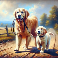 A mature golden retriever is holding a leash in its mouth leading a cute puppy along a dirt path