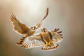 Obraz premium Two falcons engage in a graceful aerial dance.