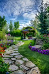 Enchanted Backyard Transformation: Stone Pathway, Fire Pit, Vibrant Flower Beds and Cozy Gazebo