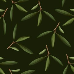 Green branches olive leaves seamless surface pattern ornament dark background textile fabric print spring summer fashion
