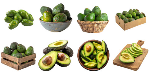 Avocado png set collection in 3d transparent no background.