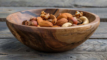 Wooden bowl with mixed nuts