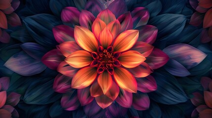 A symmetrical arrangement of flower petals in vibrant colors, creating a stunning floral pattern against a dark background.  