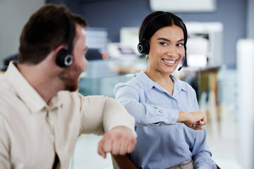 Call center, elbow bump and contact with team for communication, support and happy with hello and...