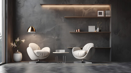 Livingroom in dark gray and taupe colors. Mockup microcement texture wall interior. Design office....