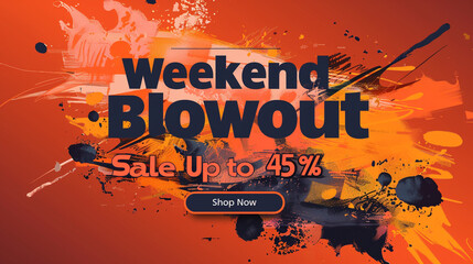 A fiery orange background with bold black text declaring "Weekend Blowout Sale - Up to 45% Off! Shop Now"