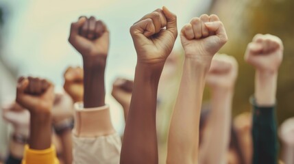 A group of individuals showing solidarity by raising their fists in the air