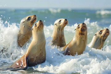 A group of sea lions frolics in the surf.