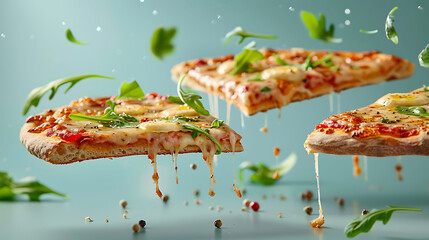Levitating margherita pizza slices with flying arugula, butter and pepper