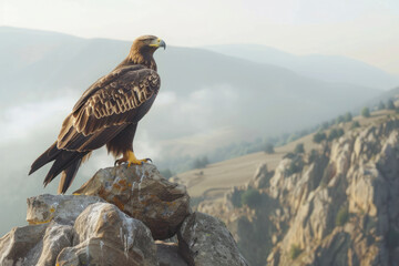 Fototapeta premium A golden eagle perches proudly on a rocky cliff.