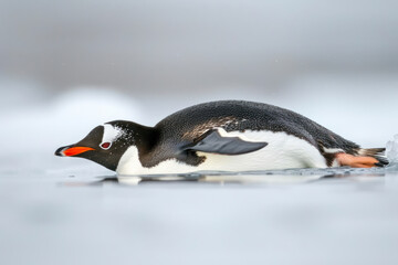 Fototapeta premium A gentoo penguin slides gracefully across the ice.