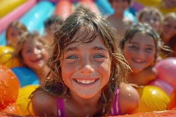 Fototapeta na wymiar Children celebrating in water slide, happy and having fun in leisure event