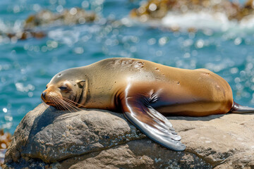 Naklejka premium A California sea lion basks on a sun-warmed rock.