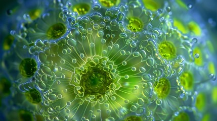 An image of a volvox a spherical green algae made up of thousands of cells connected by delicate strands creating a mesmerizing and