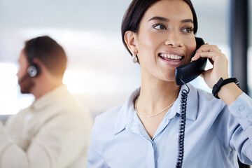 Business, telephone and woman with conversation, office and communication for planning, schedule and talking. Lens flare, corporate professional and employee with discussion, agent and consultant