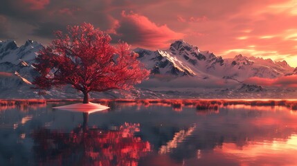 A tree in a lake with a red sky and snow covered mountains in the background wallpaper   - Powered by Adobe